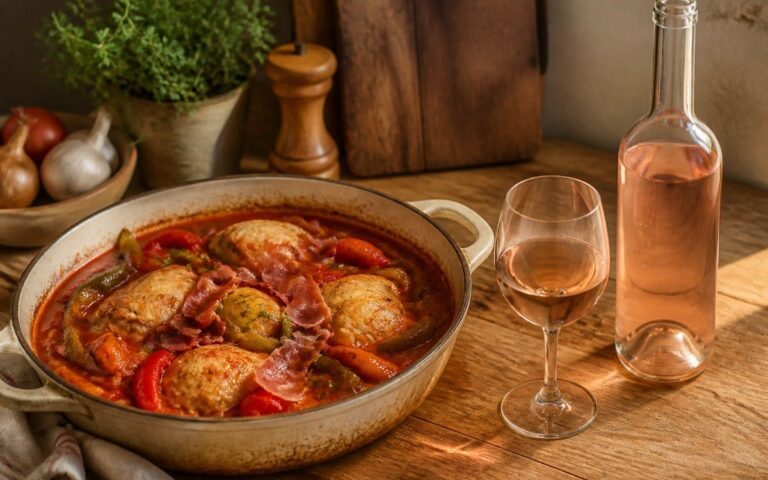 Poulet basquaise aux poivrons dans une cocotte, bouteille de rosé sans étiquette et verre à vin
