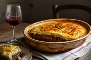 Tajine d’agneau aux légumes et abricots avec un verre de vin rouge, sans personne ni texte