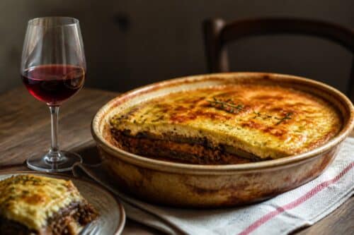 Tajine d’agneau aux légumes et abricots avec un verre de vin rouge, sans personne ni texte