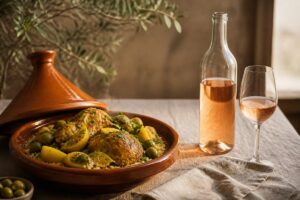 Tajine au poulet, citron confit et olives avec une bouteille de rosé sans étiquette