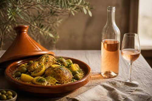 Tajine au poulet, citron confit et olives avec une bouteille de rosé sans étiquette