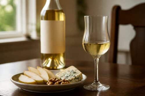 Petit verre de vin doré avec poire, noix et fromage bleu sur une table, bouteille sans étiquette lisible, sans texte ni personne