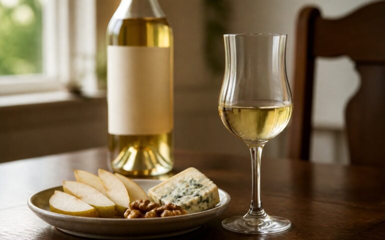Petit verre de vin doré avec poire, noix et fromage bleu sur une table, bouteille sans étiquette lisible, sans texte ni personne