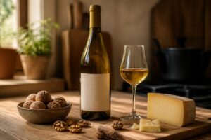 Bouteille de vin jaune sans marque, verre doré, noix et Comté sur une table de cuisine, sans personne ni texte