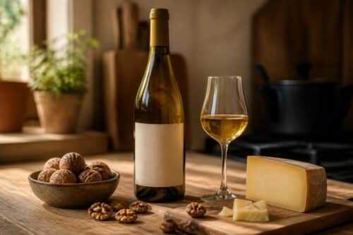 Bouteille de vin jaune sans marque, verre doré, noix et Comté sur une table de cuisine, sans personne ni texte