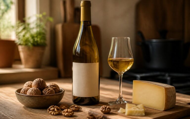 Bouteille de vin jaune sans marque, verre doré, noix et Comté sur une table de cuisine, sans personne ni texte