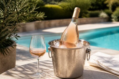 Bouteille de rosé sans étiquette et verre sur une table d’été près d’une piscine