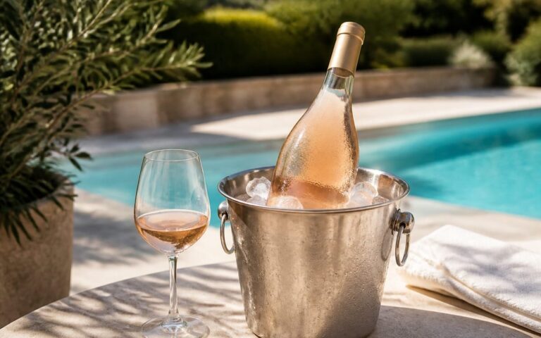 Bouteille de rosé sans étiquette et verre sur une table d’été près d’une piscine