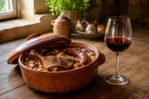 Cassoulet en cocotte avec haricots, confit, saucisse et verre de vin rouge