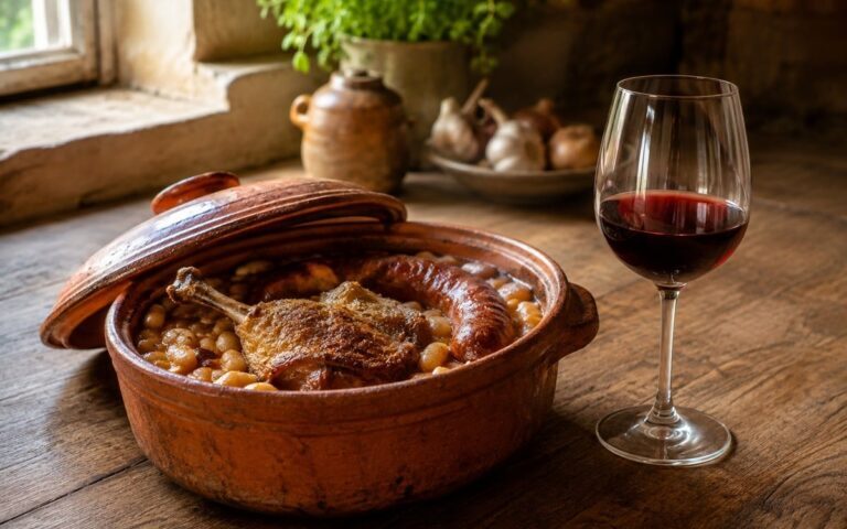 Cassoulet en cocotte avec haricots, confit, saucisse et verre de vin rouge