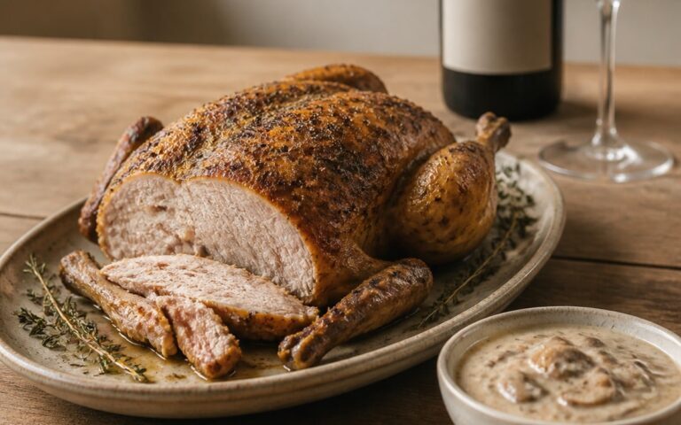 Pintade rôtie tranchée avec sauce aux champignons, bouteille sans étiquette lisible et verre de vin
