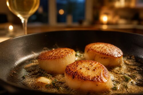 Trois noix de Saint-Jacques poêlées dans du beurre doré avec un verre de vin blanc en arrière-plan