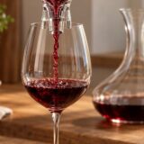 Aérateur de vin versant un jeune vin rouge dans un verre, avec une carafe en arrière-plan