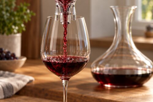 Aérateur de vin versant un jeune vin rouge dans un verre, avec une carafe en arrière-plan