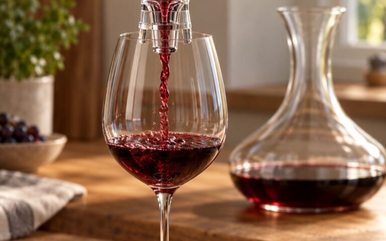 Aérateur de vin versant un jeune vin rouge dans un verre, avec une carafe en arrière-plan