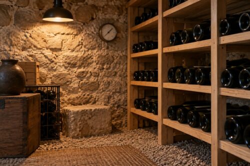Cave à vin domestique avec bouteilles couchées dans des casiers en bois, mur en pierre et hygromètre