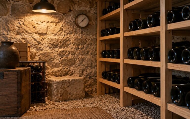 Cave à vin domestique avec bouteilles couchées dans des casiers en bois, mur en pierre et hygromètre