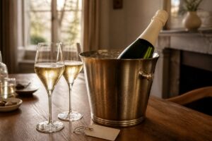 Bouteille de champagne sans étiquette dans un seau à glace, avec deux verres sur une table
