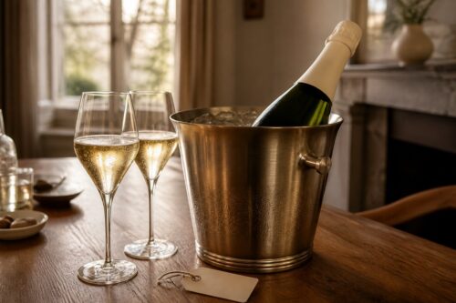 Bouteille de champagne sans étiquette dans un seau à glace, avec deux verres sur une table