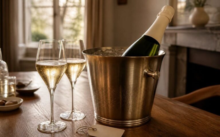 Bouteille de champagne sans étiquette dans un seau à glace, avec deux verres sur une table