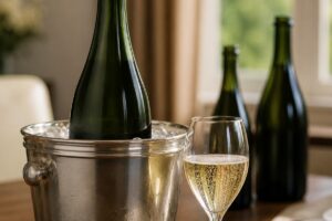 Bouteille de champagne sans étiquette dans un seau à glace et verre tulipe rempli