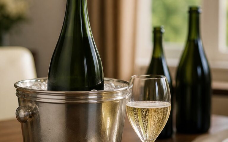 Bouteille de champagne sans étiquette dans un seau à glace et verre tulipe rempli