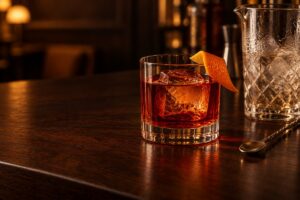 Cocktail Boulevardier ambré avec gros glaçon, zeste d’orange et verre à mélange
