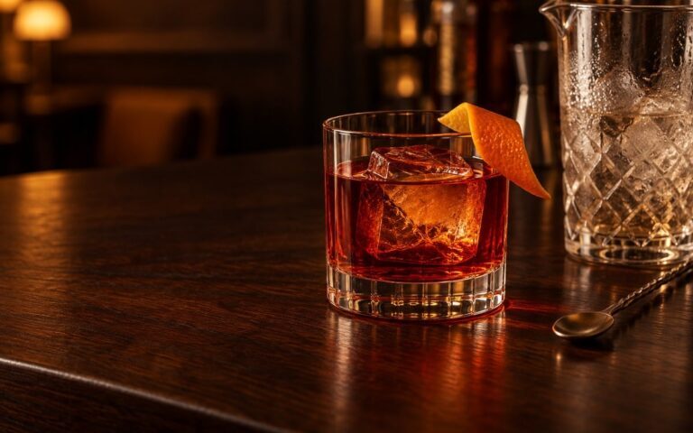 Cocktail Boulevardier ambré avec gros glaçon, zeste d’orange et verre à mélange