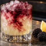 Cocktail Bramble dans un verre bas avec glace pilée, crème de mûre, mûres et quartier de citron
