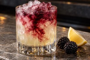 Cocktail Bramble dans un verre bas avec glace pilée, crème de mûre, mûres et quartier de citron