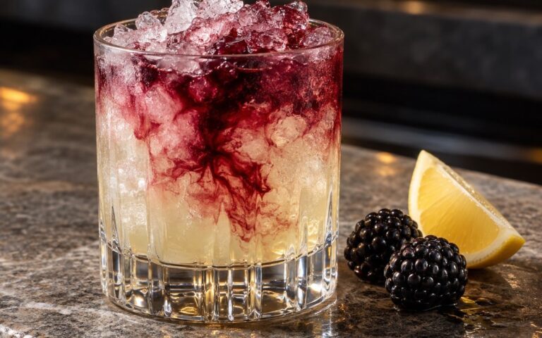 Cocktail Bramble dans un verre bas avec glace pilée, crème de mûre, mûres et quartier de citron