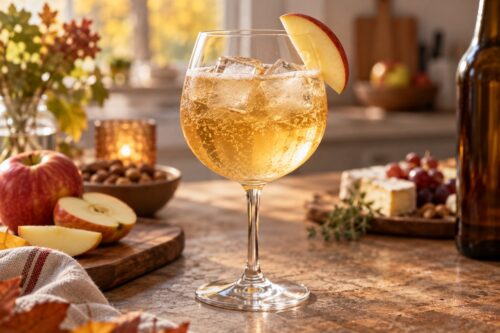 Verre de cocktail au cidre avec pomme et bulles