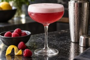 Clover Club rose avec mousse blanche, framboises, zeste de citron et shaker sans étiquette