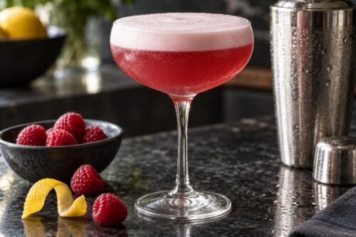 Clover Club rose avec mousse blanche, framboises, zeste de citron et shaker sans étiquette