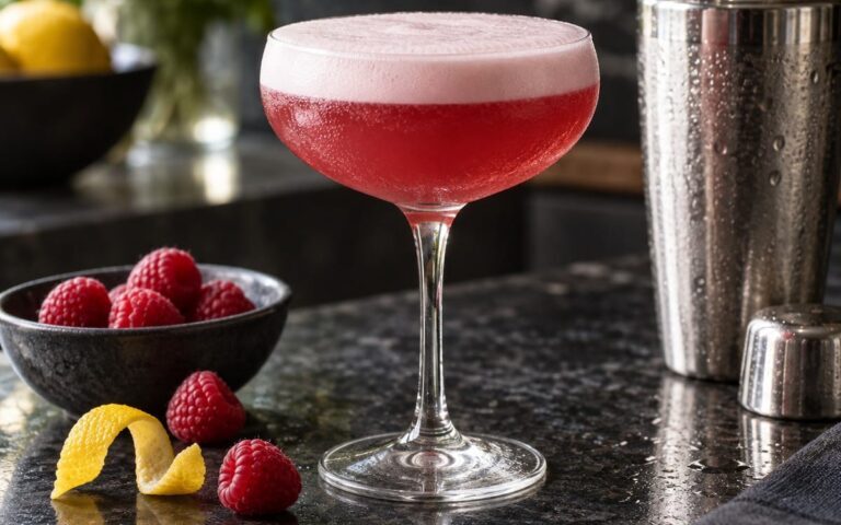 Clover Club rose avec mousse blanche, framboises, zeste de citron et shaker sans étiquette