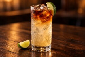 Dark and Stormy dans un verre haut avec glace et citron vert