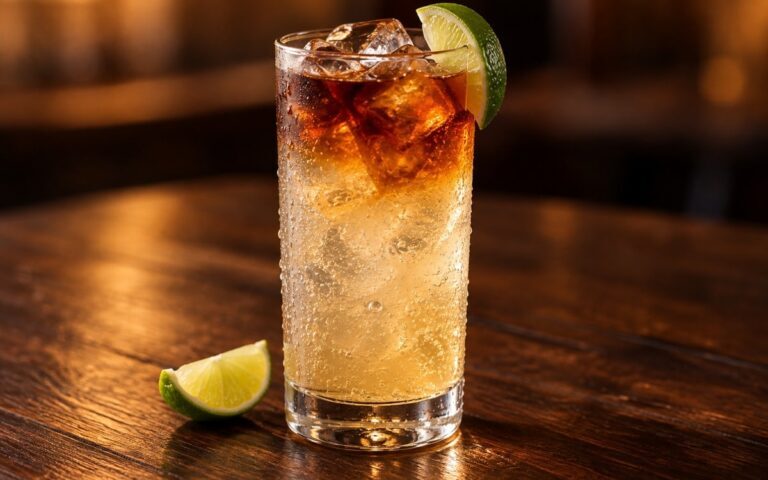 Dark and Stormy dans un verre haut avec glace et citron vert
