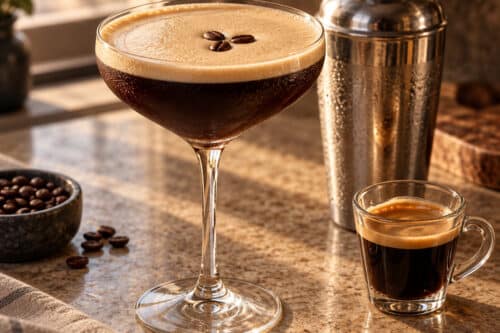 Espresso Martini mousseux dans une coupe avec shaker et grains de café