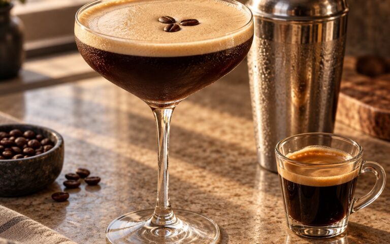 Espresso Martini mousseux dans une coupe avec shaker et grains de café