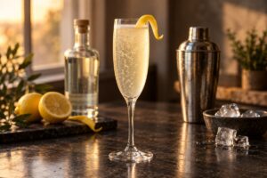 French 75 pétillant dans une flûte avec zeste de citron, shaker et gin sans étiquette
