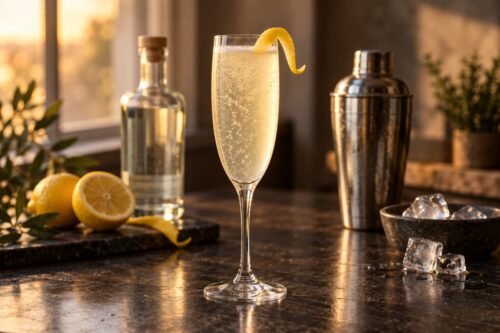 French 75 pétillant dans une flûte avec zeste de citron, shaker et gin sans étiquette