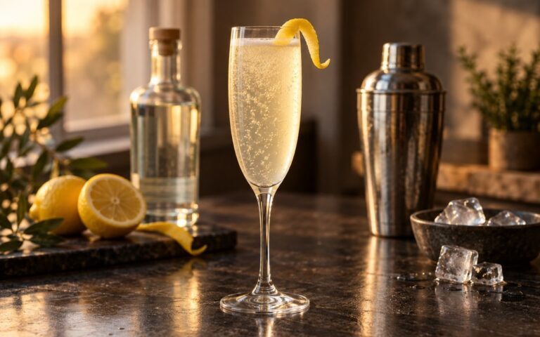 French 75 pétillant dans une flûte avec zeste de citron, shaker et gin sans étiquette