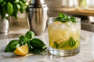 Cocktail au gin, basilic frais, citron et glaçons dans un verre sans marque