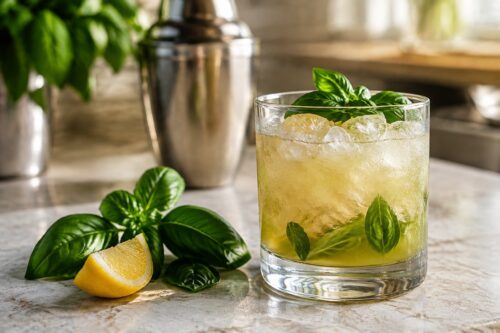 Cocktail au gin, basilic frais, citron et glaçons dans un verre sans marque