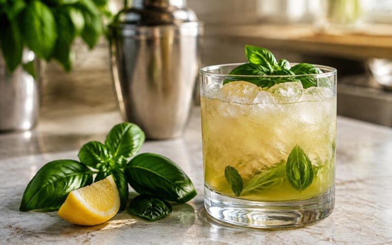 Cocktail au gin, basilic frais, citron et glaçons dans un verre sans marque