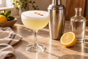 Pisco Sour mousseux dans un verre à pied avec shaker et citron frais