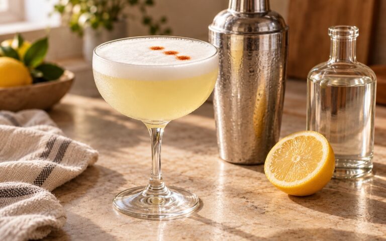 Pisco Sour mousseux dans un verre à pied avec shaker et citron frais