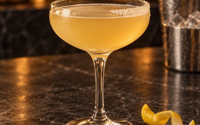 Sidecar dans une coupe froide avec une moitié du bord sucrée et un zeste de citron.
