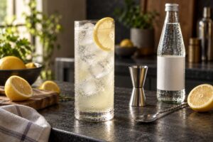 Tom Collins citronné dans un grand verre avec glaçons et bouteille d’eau gazeuse sans étiquette