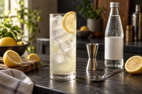 Tom Collins citronné dans un grand verre avec glaçons et bouteille d’eau gazeuse sans étiquette